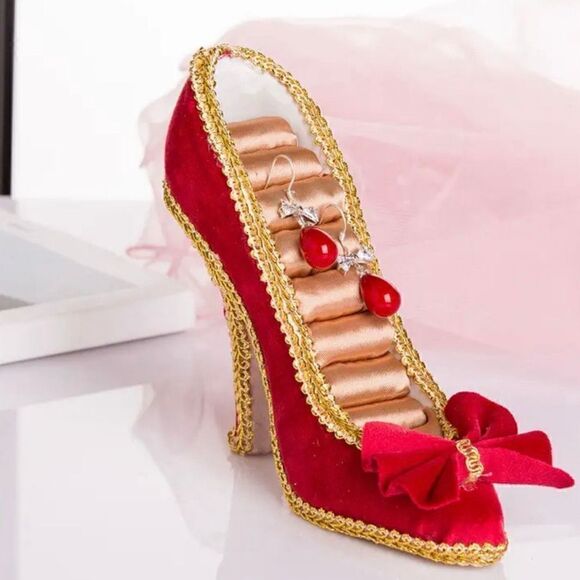 Princess Heel Shape Jewelry Display Womens Red Shoe Ring Earrings Holder New - Picture 1 of 9